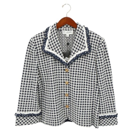 NWT St. John Collection Navy White Check Knit Jacket Soutache Polka Dot Trim 10 - Picture 1 of 9